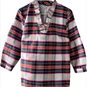 NWOT Plaid Ruffle Neck Shirt, Colors: Red, Pink, Green & Gold, Size L
